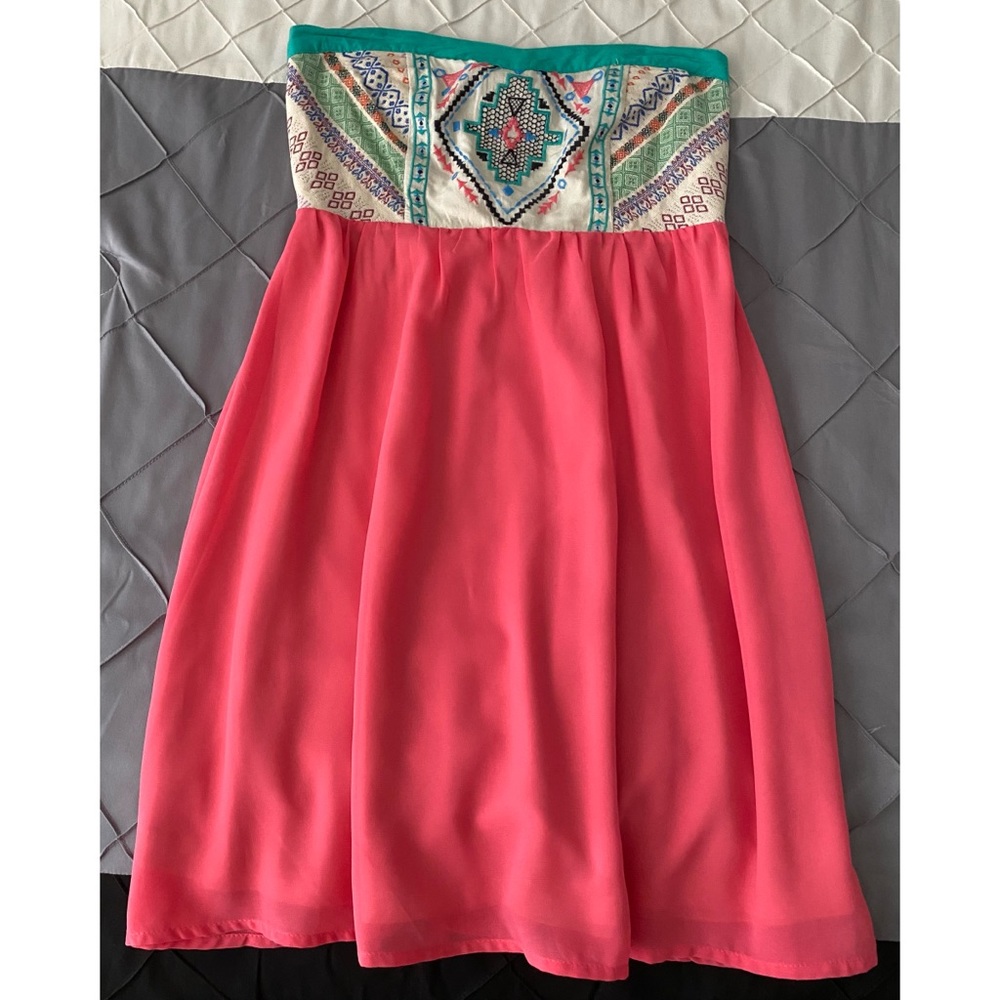 Flying Tomato Strapless Pink Dress with Embroidered Teal Bodice
